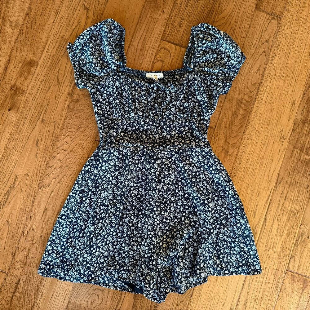 LA Hearts Navy and White Floral Front Tie Shorts Romper